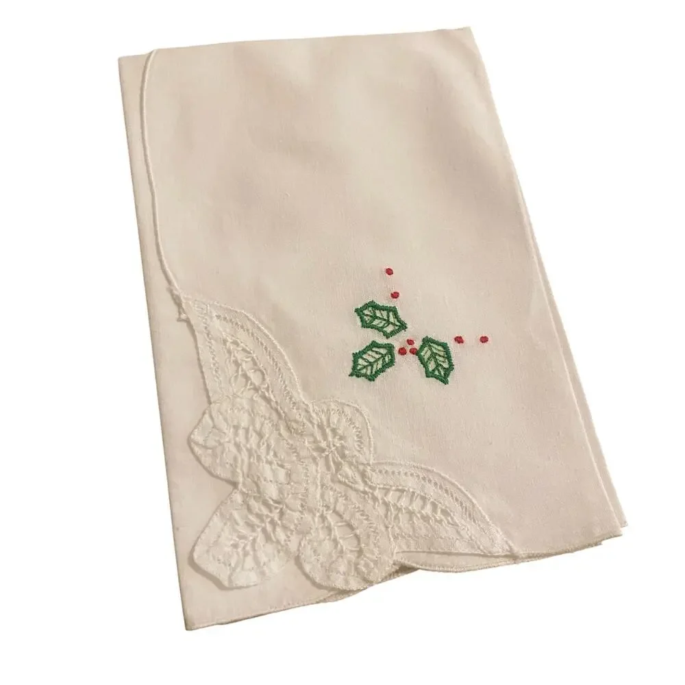 SET OF 3 Vintage Hand Stitched Embroidered Napkins & Crochet Corners 15.5 x 15.5